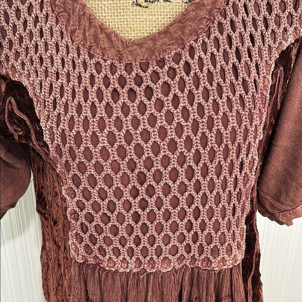 Vintage 90s Boho Bohemian Hippie BrownDress Puff Sleeve Crew Neck - Picture 2 of 11